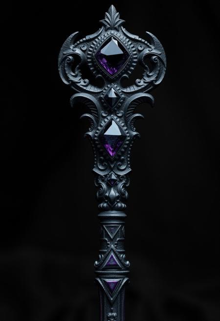 A Highly Detailed Ancient  Black Scary Looking Scepter With A Dark Purple Gem embedded in it