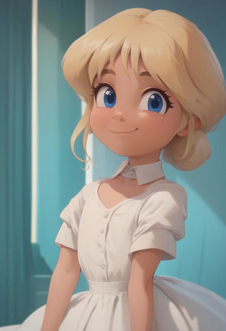 score_9, score_8_up, score_7_up, high quality, highres, masterpiece, best quality, absurdres, Holli would, holli, 1girl, solo, solo focus, blue eyes, white dress, white skirt, white collar shirt, blonde hair, short sleeves, flat chested, young, petite, small body, short body, child, smile, standing, looking at viewer, cute, closed mouth, <lora:HoWould_pony:0.9>, upper body