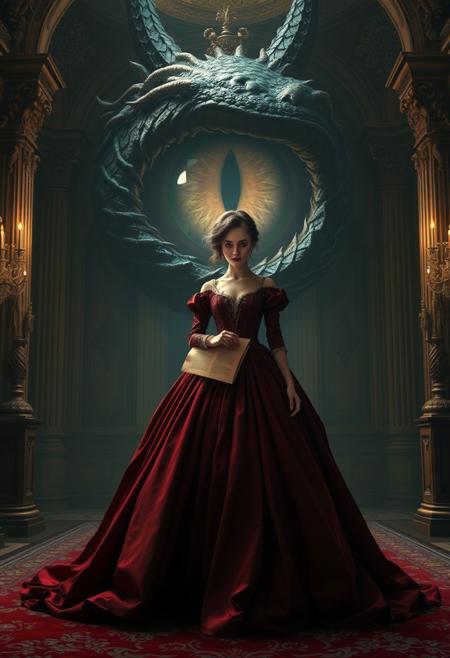The image is a digital artwork in a fantastical, surreal style, featuring a woman standing in a grand, ornate, dimly lit palace room. She is dressed in an elaborate, 19th-century style gown with a high waist and a flowing, voluminous skirt that drapes elegantly across the floor. The gown is a deep, dark red color. In one hand, she holds a dusty parchment paper, while before her, a massive, dragon eye slowly opens