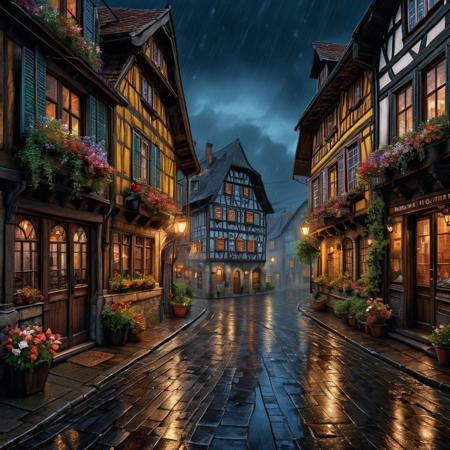 Ultra realistic deep and saturated color pencil drawing of a street of an old Bohemian town, with half-timbered houses and rain wet streets and flowers in the windows.
BREAK 
Deep dark intense midnight blue misty background, Dark theme, dynamic lighting, (soft shadows), (soft focus), (photo realistic), extreme details, uhd, 8k