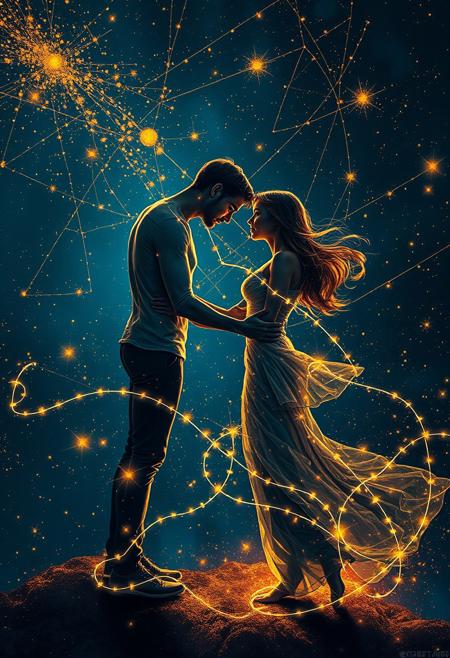 A surreal dreamscape where lovers entwine, their bodies forming constellations in a vast cosmic tapestry. Painted in hues of gold and deep indigo, their touch ignites ethereal light trails, weaving intricate patterns of desire across the endless void. Gravity bends to their passion, their embrace a celestial dance of uninhibited freedom and artistic sensuality.