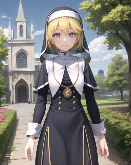 best quality, (masterpiece:1.2), illustration, absurdres,
(1girl, solo), (beautiful detailed girl),
<lora:Rosine-06:0.8>, Rosine, blonde hair, short hair, blue eyes, small breasts,
nun outfit, nun habit, necklace,
kind, graceful, peaceful, calm, tranquil, smile, gentle,
church garden, outside church, stained glass, flowers, bush, plants, trees, sky, clouds, day, fruits, berries