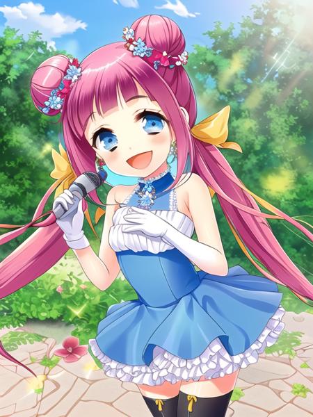 Sumeragi Ayaka, 1girl, gloves, pink hair, solo, blue eyes, star, twintails, long hair, thighhighs, elbow gloves, microphone, open mouth, hair ornament, dress, earrings, smile, jewelry, white gloves, star hair ornament, double bun, hair bun, day, holding, outdoors, frills, sleeveless, blue dress, :d, sleeveless dress, looking at viewer, ribbon, very long hair
<lora:grimoire-v1.0:1>