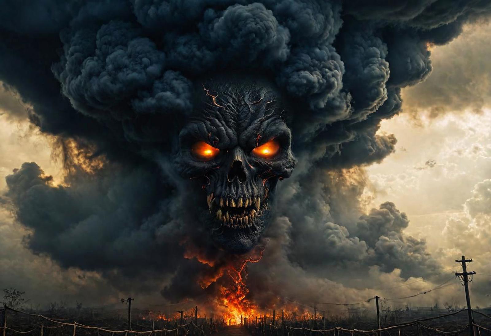 A frightening scene of a demonic skull with red eyes, surrounded by smoke and fire.