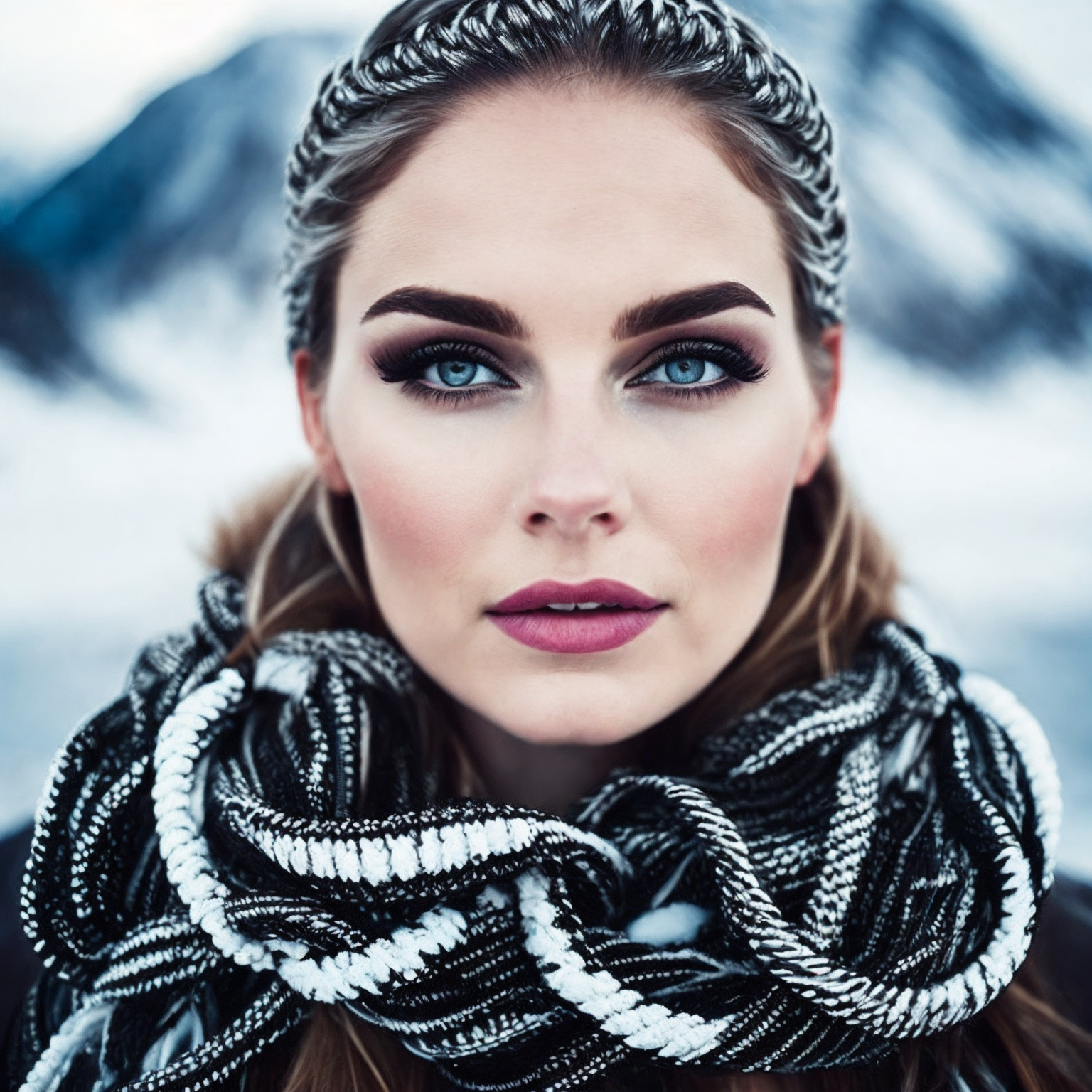 closeup portrait of a young sexy French woman with multiple braids hair in Ice fields and glaciers, Outdoor lighting, Blea...