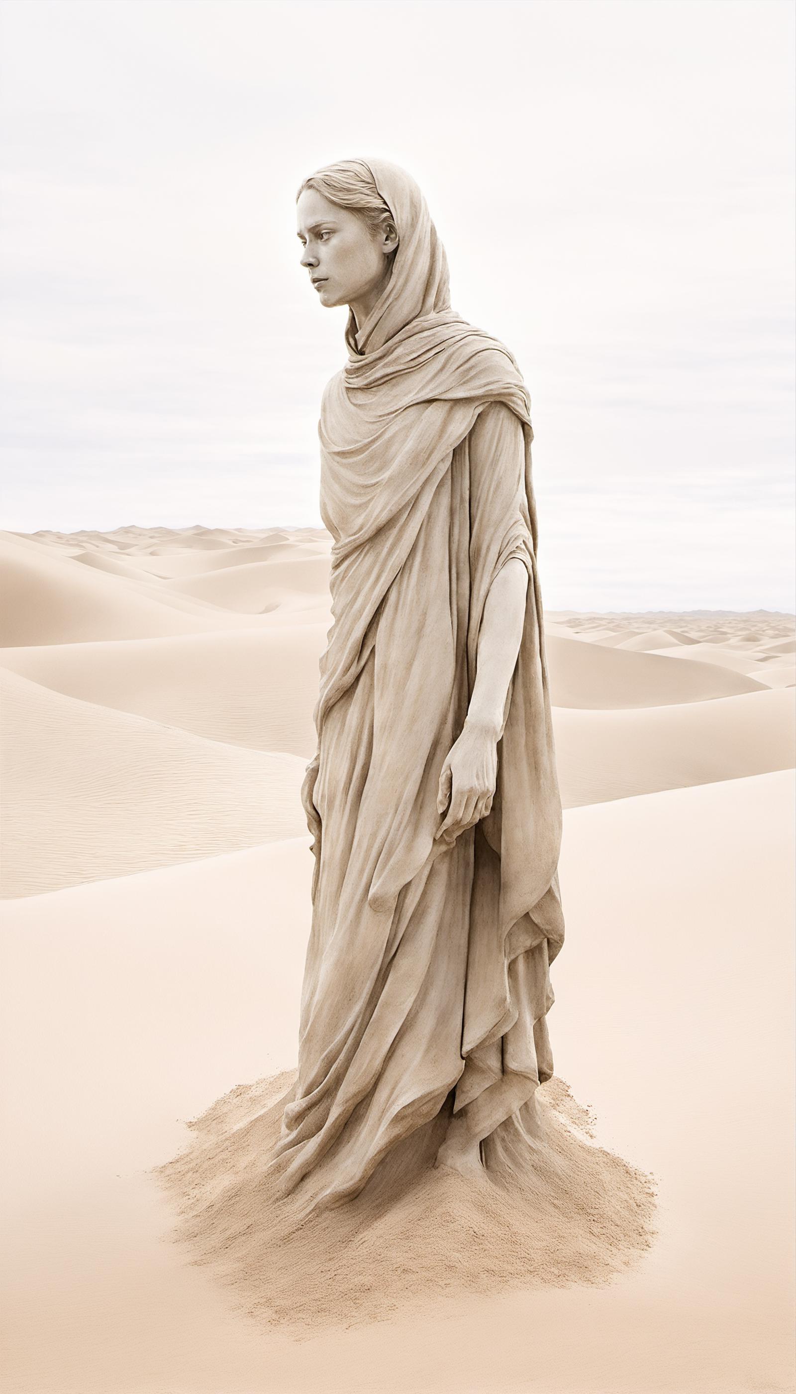 A statue of a man in a desert landscape.
