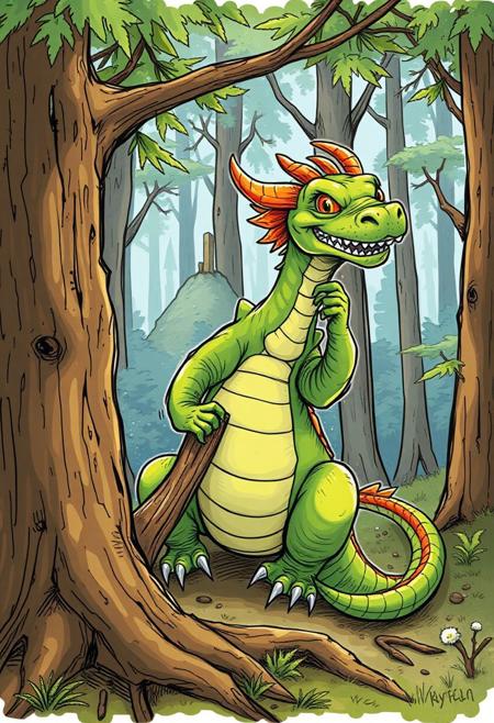 a chubby green dragon cutting a tree in the forest. Vivid colors, sketchy style