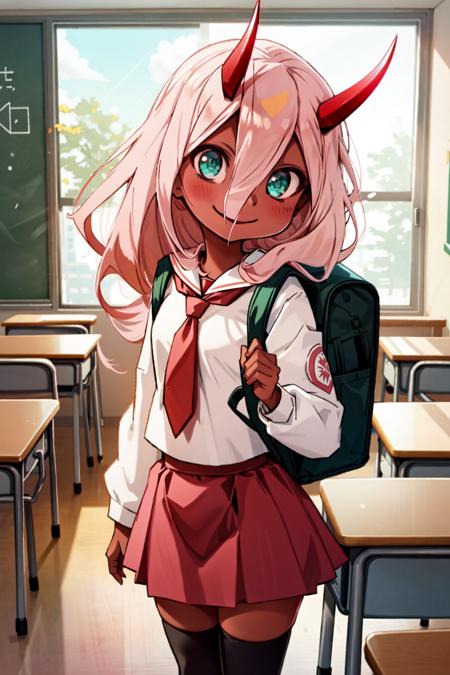 <lora:ZeroTwoOni2_0:0.9> Zero Two, 1girl, masterpiece, best quality, long hair, (red skin), red horns, pink hair, green eyes, colored sclera, white serafuku, red necktie, skirt, thighhighs, classroom, school, tables, backpack, chairs, standing, smile, looking away