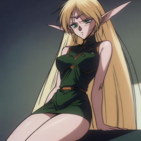 simple background, grey background, retro artstyle, 1990s \(style\), anime screencap, masterpiece, best quality, deedlit, 1girl, female elf, pointy ears, blonde hair, very long hair, green eyes, medium breasts, sleeveless, green dress, short dress, circlet <lora:DeedlitLoRA2-10:1>