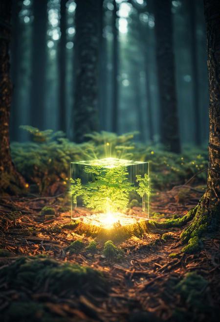 Glowing square shape in forest, depth of field