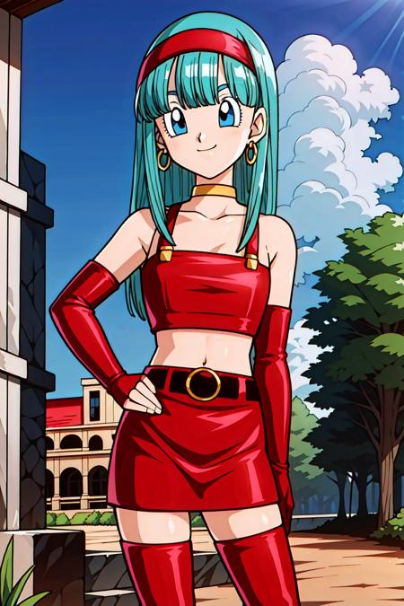 bulla, aqua hair, blue eyes, red hairband, hoop earrings,  gold choker, bare shoulders, red leather crop top, midriff, belt, red elbow gloves, red leather skirt, red thigh boots