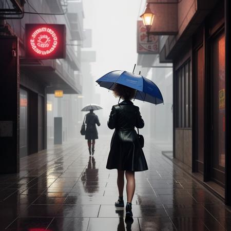 a young girl strolling down a cyberpunk street with an umbrella in the rain with curly light brown hair and bright yellow eyesrealistic,cyberpunk photorealistic technological,art by,Hildebrandt JMW Turner,in the style of,Pinterest Pixiv,dusk,post-processing Octane trending on artstation highly detailed complex picture very detailed ultra realistic,<lora:easynegative:0.7>,