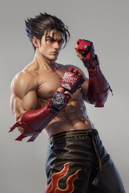 (masterpiece, best quality:1.2), <lora:tekken_kazama-10:0.9>, cowboy shot, solo, male focus, 1boy, kazama jin, topless male, serious, closed mouth, pants, fingerless gloves