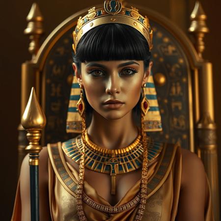 UHD, 4k, ultra detailed, cinematic, a photograph of  <lora:Egyptian mythology style v1:1>
Long time ago In ancient Egypt, Portrait of Hatshepsut, an Egyptian woman with fair skin and elegant features, wearing a royal silk dress and gold adornments. She is seated on a throne, surrounded by symbols of power, such as a scepter and the crown of a pharaoh. Her expression is determined and confident, Ancient style, historical style, movie themed, sharp, detailed, epic cinematic photography, artistic style, creative style, dramatic cinematic light, cinematic color style, Kodak motion picture film style, cinematography style, Egyptian mythology style, 1girl, solo, bangs, simple background, black hair, brown eyes, jewelry, closed mouth, earrings, dark skin, necklace, lips, chain, portrait, brown background, realistic, gold, egyptian, egyptian clothes, gold chain, ankh, usekh collar, epic, beautiful lighting, inpsiring