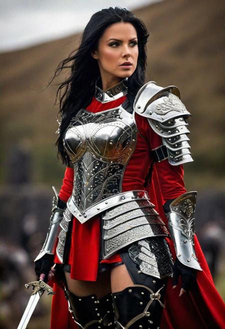 (Best Quality), ((Photo Realistic)), (Full body portrait), ((Professional photography)), Irish warrior queen, layered black hair, intricate armored battle dress, thigh high boots, ((intense metal reflections)), outdoors, red and white, angelic armor and leather, professional lighting, blurry background, soft focus