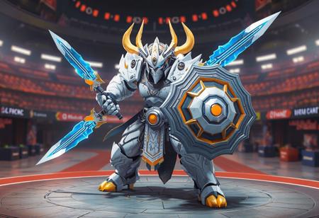Ultra-HD 8K isometric render (Unreal Engine 5 + Octane) of 'Gouki The Blade Ogre' in dynamic battle stance. This white-armored warrior-guardian wields dual blue-orange energy swords and a matching hexagonal shield, poised against a F.A. Circuit Grand Prix cyber-fantasy arena.