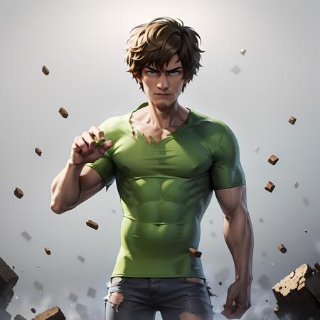 ((masterpiece, best quality)),(complex light), 1boy, solo, shaggy rogers, male ,muscular , torn shirt, Blue-Green eyes ,debris background ,<lora:shaggy1-10:0.6>, simple background, empty hand,