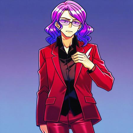 1boy, purple hair, wavy hair, purple eyes Red jacket, black shirt, collared shirt, red pants, formal Glasses