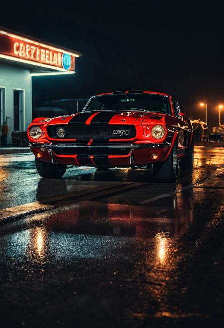 night photo, cinematic photo of ford shelby gt500 car, perfect lighting, vibrant, high detailed, epic, movie still, film grain