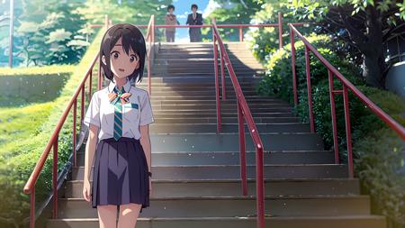 masterpiece,best quality,1girl, miyamizu mitsuha, 1boy, shirt, green necktie, outdoors, necktie, skirt, tree, white shirt, bowtie, building, sky, bow, black hair, cloud, railing, day, school uniform, short sleeves, hair ribbon, red bow, ribbon, scenery, looking at another, city, striped, pants, collared shirt, red bowtie, pleated skirt, brown eyes, cityscape, striped necktie, short hair, open mouth, blue sky, black skirt, stairs, green bow, socks, skyscraper, cloudy sky, sunlight, dappled sunlight, kneehighs, striped bow, red ribbon, smile, black pants, standing, green bowtie, road, bangs, short ponytail, bag