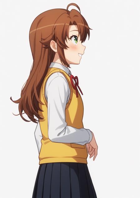 KoshiKomAnime, 1girl, solo, long brown hair, ahoge, green eyes,  KoshiKomAnime, 1girl, solo, long brown hair, ahoge, green eyes, school uniform, yellow vest, red ribbon, black pleated skirt,   KoshiKomAnime, 