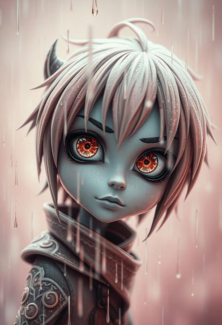 Surreal infrared close-up shot of a stylized character in rain, infrared spectrum, otherworldly appearance, detailed focus, watercolor textures, graphic novel aesthetic, muted yet vibrant tones, fantasy elements, expressive pose, whimsical atmosphere