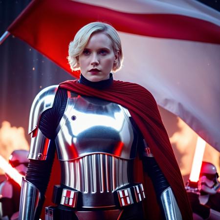 cinematic film still of  <lora:Captain Phasma:1.5>
Captain Phasma an epic hot blonde short hair woman in a star wars silver armor costume standing behind a red star wars flag In Star Wars Universe, shallow depth of field, vignette, highly detailed, high budget, bokeh, cinemascope, moody, epic, gorgeous, film grain, grainy