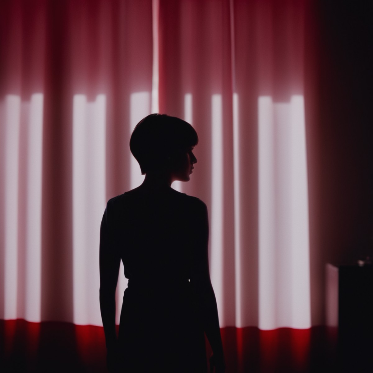 cinematic film still of  <lora:silhouette style:1>
A silhouette photo of a woman standing in a dark room with a red light,...