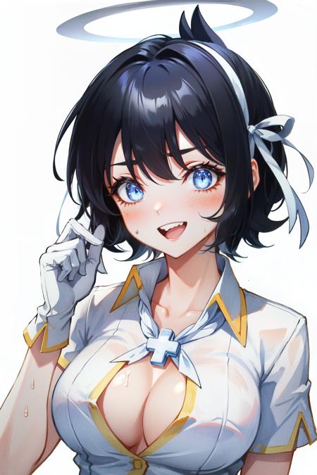 <lora:azazel:1>azazel(helltaker), 1girl, open mouth, solo, ribbon, halo, upper body, blue eyes, collarbone, open clothes, white ribbon, white gloves, smile, cross, sweat, shirt, cleavage,  collared shirt, black hair, short hair, short sleeves, large breasts, blush, hair ribbon, looking at viewer, white shirt, gloves, open shirt