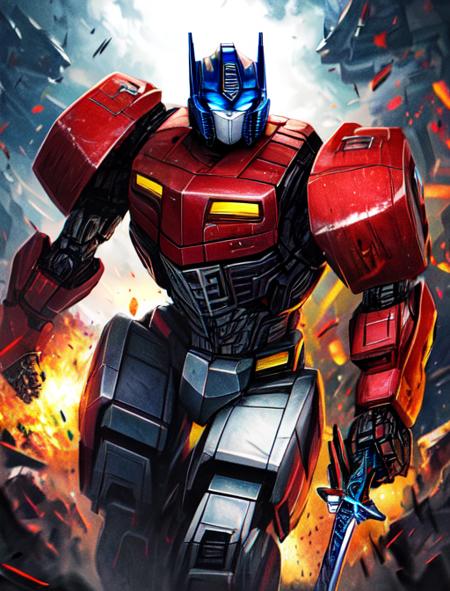 best quality, masterpiece, highres, detailed, digital artwork, <lora:Detail - add_detail:0.2>, OptimusPrime, blue eyes, robot, red body, blue head, glowing eyes, battlefield, holding sword, lasers,  <lora:Character - OptimusPrime:0.8>