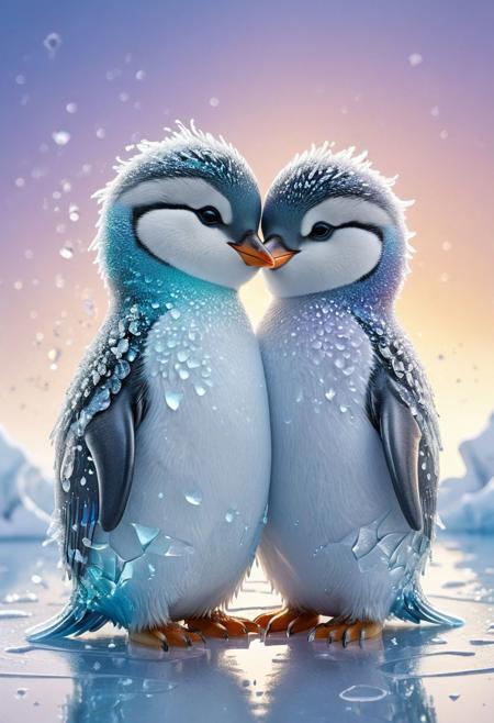 two adorable chibi penguins hugging on the ice, 
snowy icy artic background, 
Broken Glass effect, 
no background, 
stunning, 
something that even doesn't exist, 
mythical being, 
energy, 
molecular, 
textures, 
iridescent and luminescent scales, 
breathtaking beauty, 
pure perfection, 
divine presence, 
unforgettable, 
impressive, 
breathtaking beauty, 
Volumetric light, 
auras, 
rays, 
vivid colors reflects