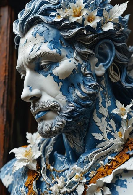 This exceptional masterpiece showcases unparalleled quality, boasting extraordinary hyper-detailed and ultra-detailed UHD (Ultra High Definition) visuals. The portrait displays perfect anatomy, capturing a close-up of a majestic, weathered, and outworn old Fantasy White and blue porcelain sculpture of a god. The masterful work by Dring exudes realism, with rust paint peeling off and an atmospheric haze adding depth to the scene. The cinematic composition is further enhanced by soft shadows and a composition reminiscent of National Geographic photography, instantly inspiring awe and appreciation for the incredible level of craftsmanship.