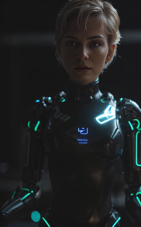 cinematic film still ((bright neon colors)), (top-quality, 8K, masterpiece:1.3) A photo of a sleek, humanoid robot, playing a musical instrument, wearing a stylish jacket, on a modern stage taken with a prime lens highly detailed, detailed skin, dramatic spotlighting  . shallow depth of field, vignette, highly detailed, high budget, bokeh, cinemascope, moody, epic, gorgeous, film grain, grainy