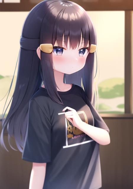 <lora:akari:0.7>, akari, 1girl, solo, long hair, blush, bangs, shirt, black hair, hair ornament, closed mouth, white shirt, short sleeves, sidelocks, hairclip, shiny, from side, grey eyes, eyelashes, t-shirt, print shirt