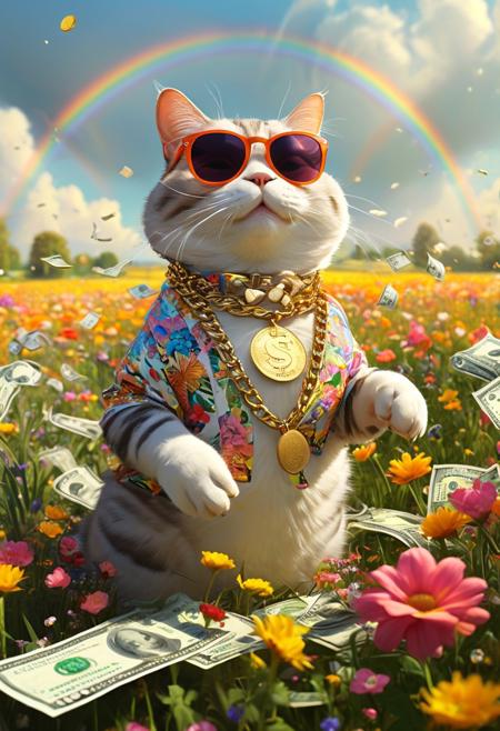 cartoon-style scene of a fabulously wealthy cat, vibrant field filled with fluttering dollar bills, wearing a lavish gold chain, sunglasses, looking relaxed. Oversized coins, colorful flowers swaying in the breeze. Bright, sunny, with a rainbow arching overhead, adding to the whimsical and extravagant atmosphere of this rich duck's dreamland.
[style of greg rutkowski,janek sedlar,jenny saville:0]  <lora:vivid_everclear:0.35>  <lora:Sinozick:0.35>  <lora:MJ52:0.35>