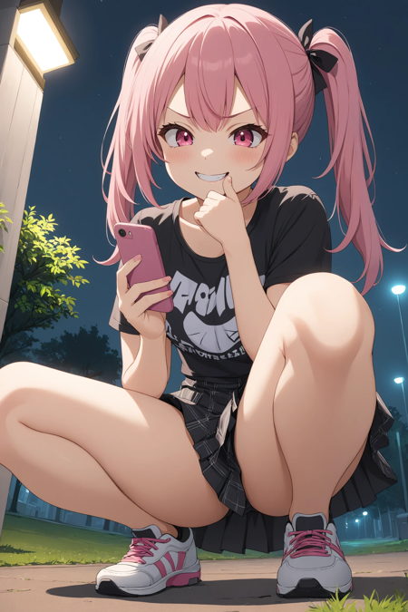 1girl, solo, cute, twintail, pink hair, evil grin, smirk, squatting, holding smartphone, outdoors, park, night, ground shot, from below, looking down, t-shirts, skirt, masterpiece, best quality