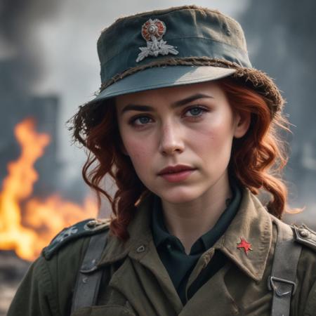 Beautiful Soviet woman soldier in WWII style, Intricately Designed Soviet brown military uniform, ultra-realistic body, realistic dirty face, bloody battle full of dirt and blood, fighting position, wavy red hair, Realistic blue eyes, big beautiful pupils, 8K, fire, dramatic war atmosphere, cinematic lighting
