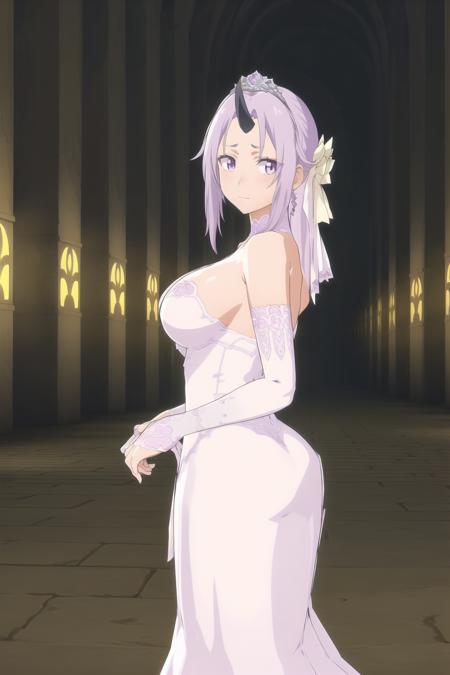 in a dark room with columns and lights behind her,
Standing, at attention,
white_dress,wedding_dress,bridal_veil,bare_shoulders,elbow_gloves,
<lora:Shion_wedding-KK77-V1:0.7>,single_horn,demon horn,
purple_hair,purple_eyes,rose,
1 girl, 20yo,mature female,Beautiful Finger,Beautiful long legs,Beautiful body,Beautiful Nose,Beautiful character design, perfect eyes, perfect face,
looking at viewer, (innocent_big_eyes:1.0),(expressionless:1.3),
NSFW,official art,extremely detailed CG unity 8k wallpaper, perfect lighting,Colorful, Bright_Front_face_Lighting,
(masterpiece:1.0),(best_quality:1.0), ultra high res,4K,ultra-detailed,
photography, 8K, HDR, highres, absurdres:1.2, Kodak portra 400, film grain, blurry background, bokeh:1.2, lens flare, (vibrant_color:1.2)