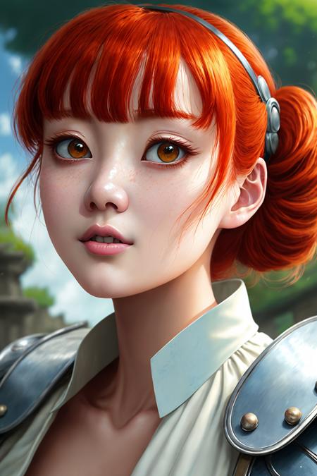 Yu-jinNobodySD15 (D&D rogue character:1.2) closeup painting ginger woman auburn hair (updo:1.1) white button shirt leather pants pauldron teal armor belts straps detailed background ancient ruins beautiful cloudy sky (small_breasts:1.1) (masterpiece) (best quality) (detailed) (8k) (wallpaper) (cinematic lighting) (sharp focus) (intricate) (Style-Autumn:0.5) <lora:epiNoiseoffset_v2:1>