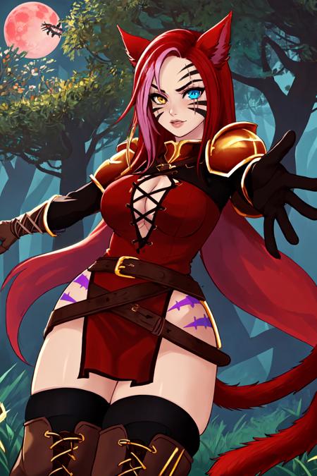 SabrithEbonclawManityro, heterochromia, slit pupils, facial mark, scar across eye Cat tail, tattoo red dress, cleavage cutout, black undershirt, long sleeves, pelvic curtain, brown gloves, black thighhighs, thigh boots, Armor, shoulder armor muscular female, abs