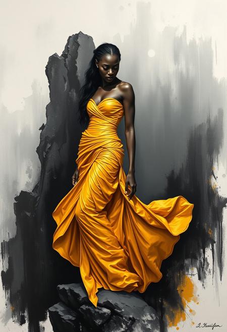 Create this dramatic impasto artwork with a touch of abstract expressionism: a woman with a symmetrical beautiful face, ebony skin, wearing a vibrant, flowing gold dress standing on a perilous-looking cliff edge. The dress has dramatic ruching and draping that accentuates her figure, giving the impression of both elegance and vulnerability. The stark contrast between the woman's striking gold attire and the dark, rocky surroundings creates a sense of tension and drama. The woman's eyes are downcast, adding to the sense of emotional weight and mystery. Overall, the painting evokes a powerful sense of narrative, suggesting a story or emotional state waiting to be explored.
The painting with a focus on detailed textures and dramatic lighting features a monochromatic scheme, primarily with shades of black, white, and gray.