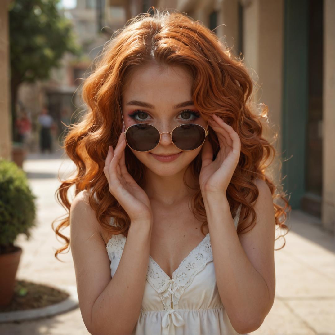 score_9, score_8_up, score_7_up, BREAK 1girl, solo, a stunning women, 25yo, young, cute, looking at the viewer, ginger hair, wavy hair, luxurious hair,  light makeup, perfect face, mouth closed, shy smile, sunglasses sundress, standing, shy pose, <lora:Makeup Slider_alpha1.0_rank4_noxattn_last:1>