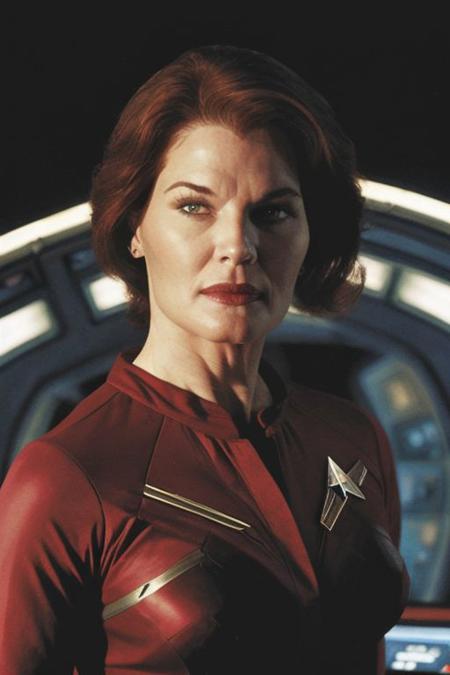 masterpiece, best quality, high quality, highres, ARTSTYLE_AlexRoss_ComicArt_ownwaifu, solo, Captain Janeway, played by Kate Mulgrew, Star Trek Voyager, upper body shot, wearing black and red Starfleet officer's uniform with a grey shirt collar, confident expression, realistic, starship bridge background, lora:ARTSTYLE_AlexRoss_ComicArt_ownwaifu-15:0.8, upper body, straight-on, looking_at_viewer, solo, starship bridge background