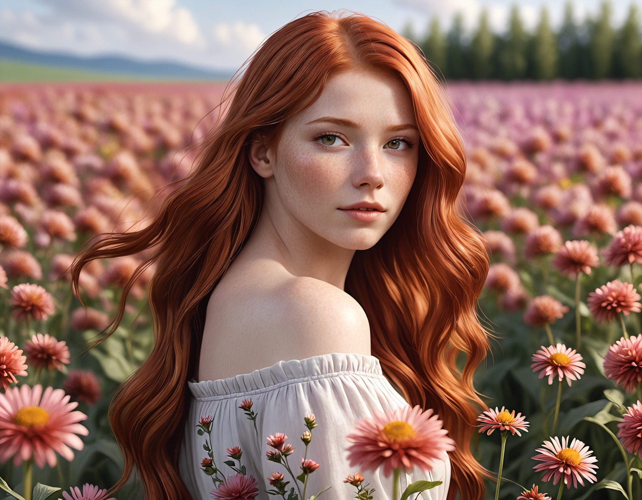 Beautiful red haired woman 20 years old a flower field , detailed, realistic, 8k uhd, high quality

