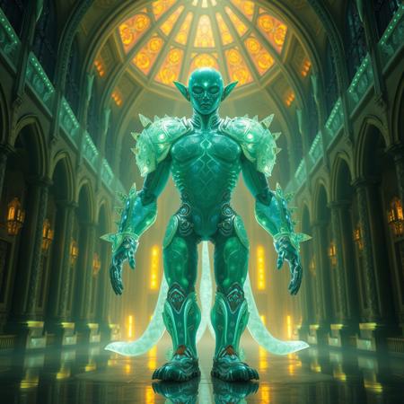 Masterpiece 5 protozoa/humanoid, bioluminescence translucent  body, with no ears and no nose, 32k, 16k, 8k, masterpiece, cinematic art, Kaiju bioluminescence translucent armor, standing inside a bioluminescence translucent cathedral,