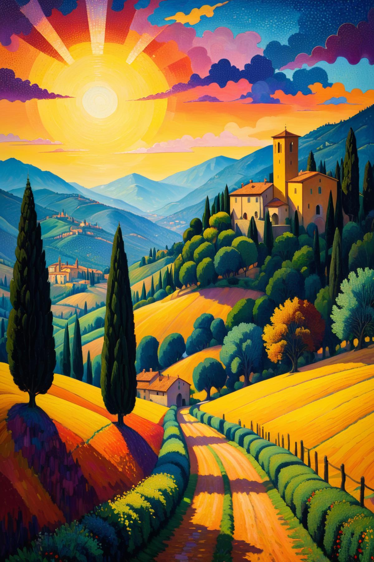 A painting of a sunset in a valley with trees and a large building.