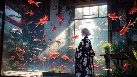 1girl, fish, solo, indoors, painting (object), white hair, short hair, plant, japanese clothes, standing, goldfish, holding, sunlight, kimono, koi, window, animal, long sleeves, from behind, hakama, facing away, picture frame, shadow, flower, aquarium
<lora:~Q?-mw^NuL Underwater world:0.8>