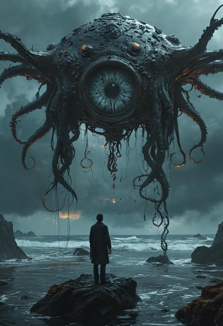 Craft a high-resolution 8k, photorealistic image that merges the omnipresent eye wings structure, symbolizing universal surveillance, with the eldritch horror style of H.P. Lovecraft. This non-anthropomorphic entity exhibits wings made of countless eyes, unfolding amidst swirling cosmic clouds, contrasted against the floating central sphere of an eye monster, emitting an eerie, spectral light. The tentacles extend into the darkness, adorned with arcane symbols, suggesting a universe of inscrutable, haunting watchfulness. Rendered in 22 Megapixels with HDR, the composition embodies a detailed, shimmering perspective of a dark, mysterious cosmic action scene, shot on IMAX 70mm for utmost clarity and perfection.photorealistic, Depth of Field | Action Scene | Natural Lighting | Subject | Centered-shot | 22 Megapixels | Shot on IMAX 70mm | Detailed |Elegant | Perfection | Shimmering | Prespective, HDR, 8k, high resolution,  gear-like mechanism floating in a stormy sky, spikes adorning <lora:add-detail-xl:1>  <lora:MJ52:0.5>