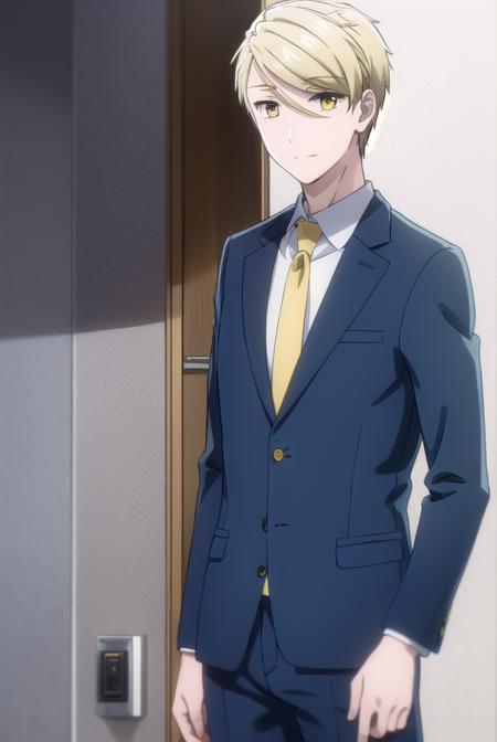 ryou amakusa, short hair, blonde hair, (yellow eyes:1.5), male focus, shirt, long sleeves, jacket, white shirt, necktie, pants, formal, blazer, suit, red necktie,