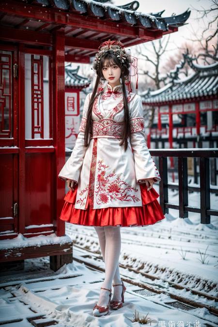 best quality, masterpiece, photorealistic, 1girl, solo, long straight hair, blunt bangs, looking at viewer, full body, hair ornament, cyb dress, chinese clothes, long sleeves, wide sleeves, armband, white pantyhose, red high heels, outdoors, snow, chinese architecture, chinese garden, tree, flower, <lora:add_detail:1>, <lora:cn_style_modern_attire_vol2_style5_v1:0.7>